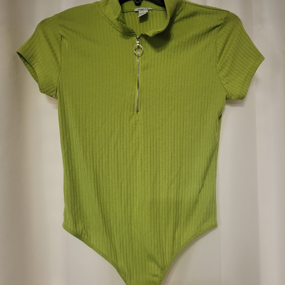 Rue21 Lime Green Ribbed Short Sleeve Zip-Front Bodysuit